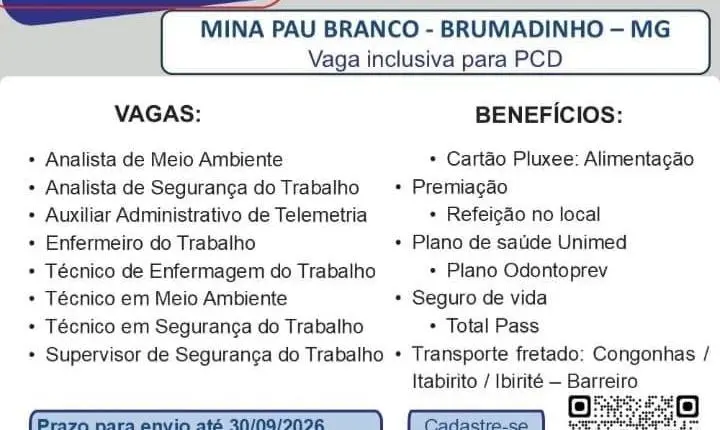 SEMEP abre vagas para 46 funções na Mina Pau Branco, em Brumadinho