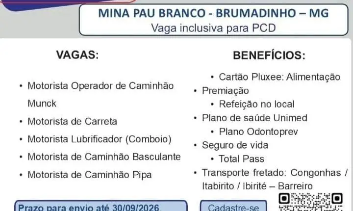 SEMEP abre vagas para 46 funções na Mina Pau Branco, em Brumadinho