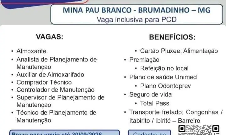 SEMEP abre vagas para 46 funções na Mina Pau Branco, em Brumadinho