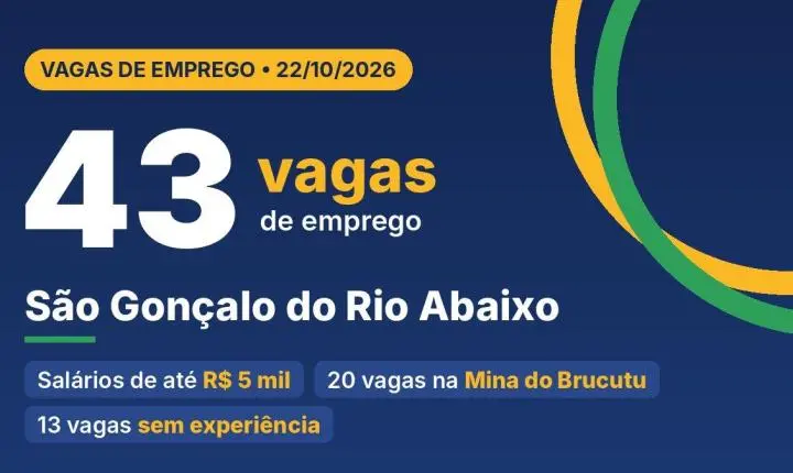 SINE de São Gonçalo do Rio Abaixo tem 43 vagas nesta quinta (22/10); salários chegam a R$ 5 mil