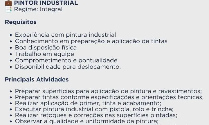 Tem experiência com pintura industrial? Arteita Serviços está contratando em Itabira