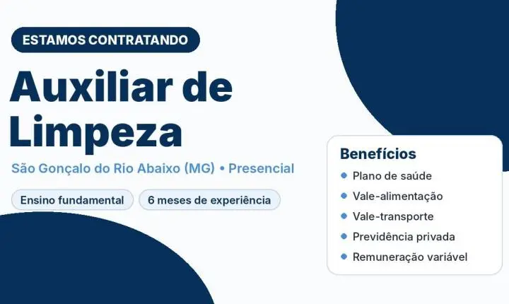 Vaga de auxiliar de limpeza em São Gonçalo do Rio Abaixo oferece plano de saúde e previdência privada