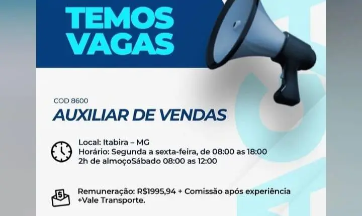 Vaga de emprego em Itabira: Humana oferece cargo de Auxiliar de Vendas