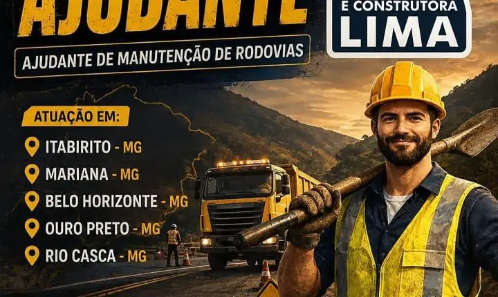 Construtora abre vaga de ajudante para manutenção de rodovias em cinco cidades de MG