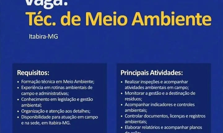 Vagas de emprego em Itabira: Arteita Serviços contrata técnico de meio ambiente