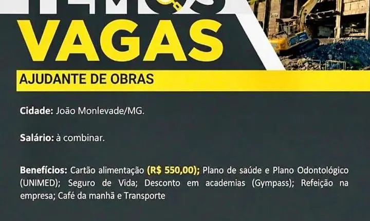 Vagas de emprego em João Monlevade: Solum contrata ajudante de obras com plano de saúde