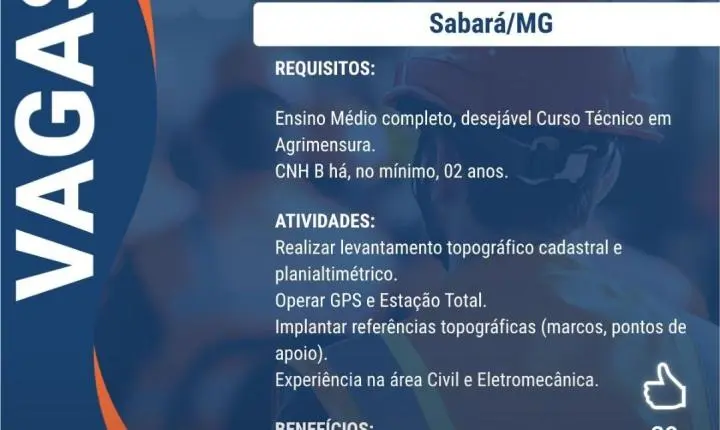 Vagas de emprego: ERG Engenharia abre seleção para topógrafo, técnico e auxiliares em MG