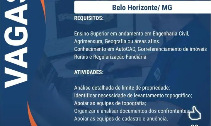 Vagas de emprego: ERG Engenharia abre seleção para topógrafo, técnico e auxiliares em MG