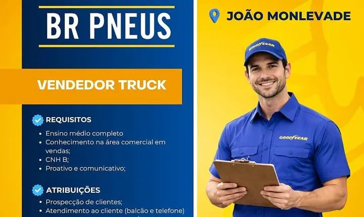 BR Pneus contrata Vendedor Truck em João Monlevade com benefícios