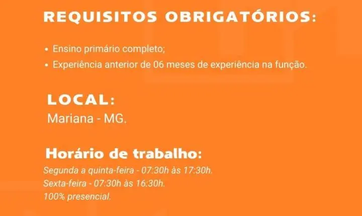 MIP Engenharia abre vagas de carpinteiro, pedreiro e armador em Mariana