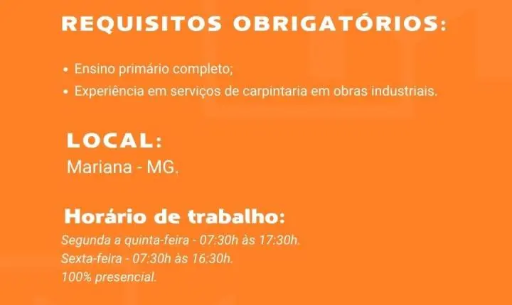 MIP Engenharia abre vagas de carpinteiro, pedreiro e armador em Mariana
