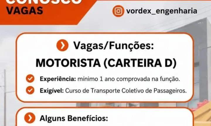Vordex Engenharia abre vagas de emprego para motorista, eletricista e auxiliar de manutenção