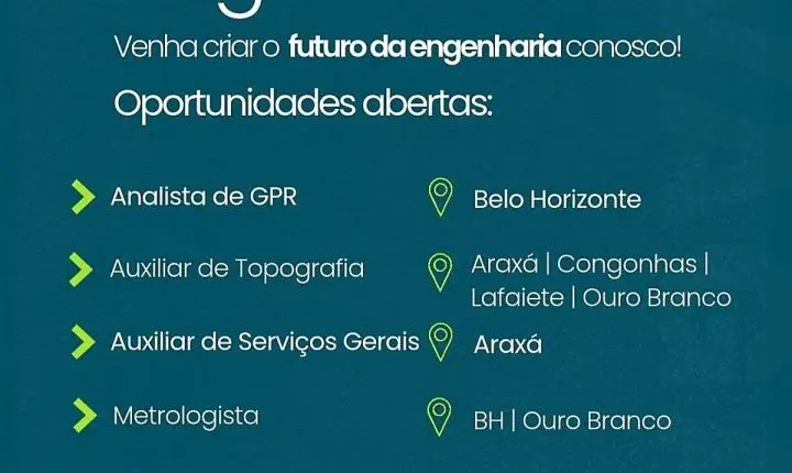 Vagas de emprego: Mirante Engenharia abre seleção em BH, Araxá, Congonhas e Ouro Branco