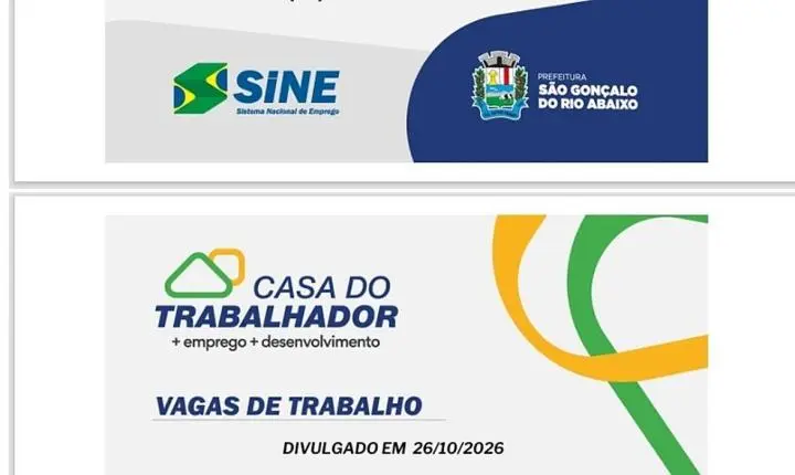 SINE de São Gonçalo do Rio Abaixo tem 65 vagas nesta segunda (26/10), com salários de até R$ 5 mil