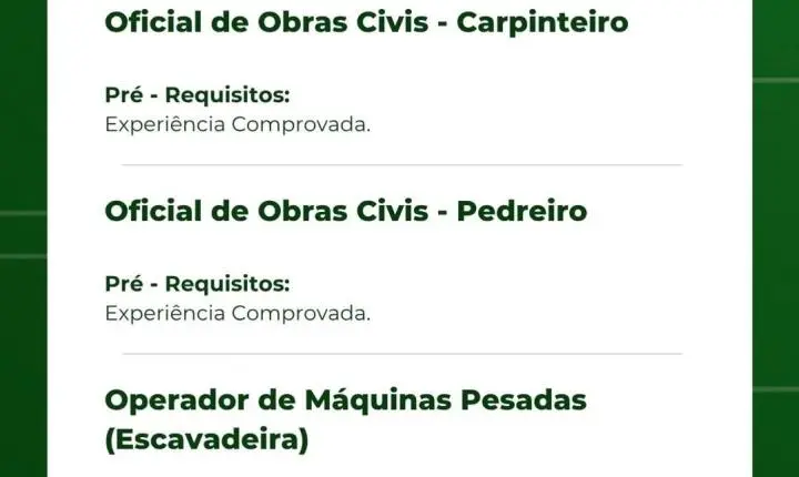 Vale Verde abre vagas de emprego em Itabira para diversas funções
