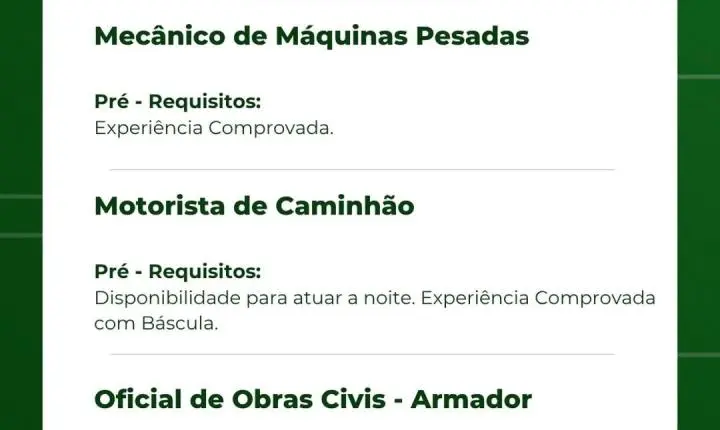 Vale Verde abre vagas de emprego em Itabira para diversas funções