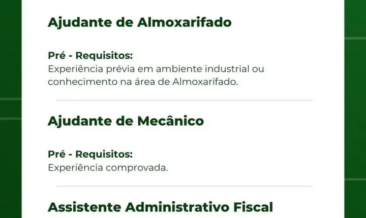 Vale Verde abre vagas de emprego em Itabira para diversas funções