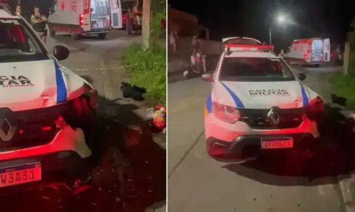 Moto invade contramão para desviar de quebra-molas e bate em viatura da PM em João Monlevade