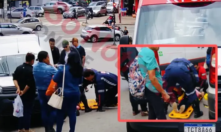 Mulher é atropelada por moto ao atravessar fora da faixa de pedestre no Centro de Itabira